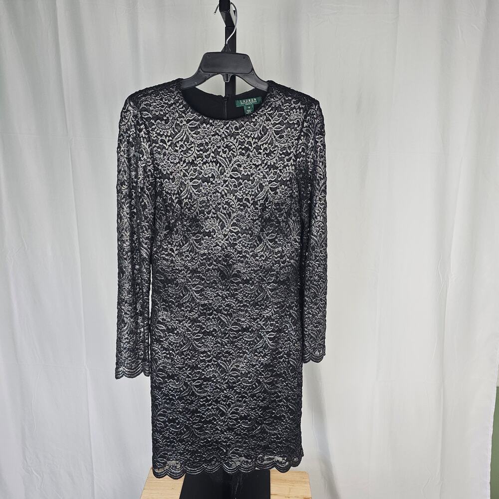 Lauren Ralph Lauren Silver Shimmer Lace Sheath Dress Black Lined Size 10